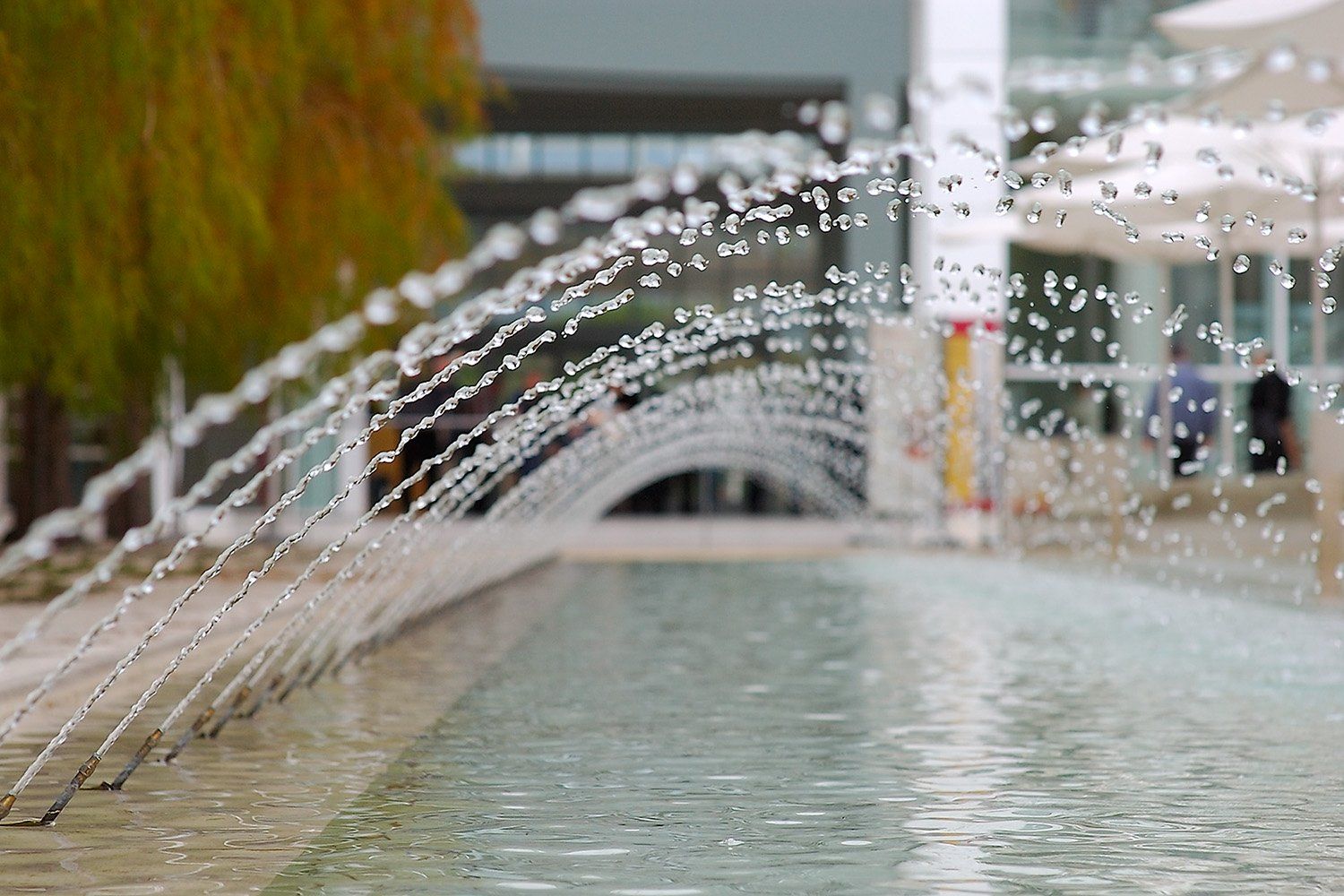 A line of fountain arcs over a long reflecting pool